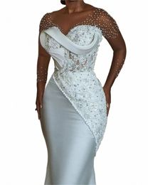 Perles blanches perlées de luxe sirène mariage africain Dr maille Lg manches Aso Ebi robes de fiançailles Corset poisson Bes vestidos l9P9 #