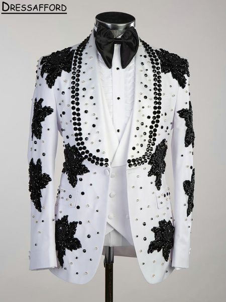 Perles blanches perles en cristal en soirée Fête des hommes combinées appliques noires en dentelle deux pièces du poitrine de mariée Blazer (veste + pantalon)
