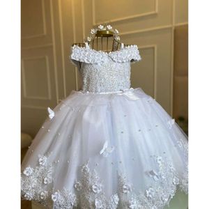 Witte parels bloemenmeisje jurk voor bruiloft 3d vlinder mouwloos met boog verjaardagsfeestje kinderen kerst prinses baljurk