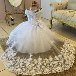 Perles blanches fleur filles robe premier anniversaire princesse perlée Floral Tulle noël nouvelle robe de bal Photoshoot