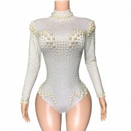 WITTE PEARLEN TUGARD SEXY LG SLEEVE BODYSIT NACHTCLUB Dance Outfit Singer Dancer Stage Wear Show Performance kostuum 02HR#