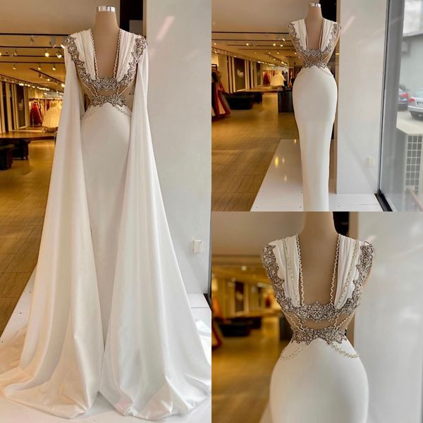 Vestidos de noche de sirena de perlas blancas con manga del cabo con cuello en V Vestido de fiesta con cuentas Vestidos de fiesta formales por encargo Robe de mari￩e