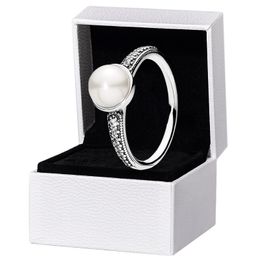 Anillo de fiesta de bodas de perlas blancas para Pandora 925 Joyería de diseño de plata esterlina para mujeres Regalo de novia CZ Anillos brillantes de diamantes con caja original