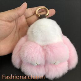 White/Pink-10cm Real Genuine Rex Rabbit Fur Bunny Doll Toy Kid Gift Bag Charm Llavero con anilla para llaves Accesorios Teléfono Monedero Bolso