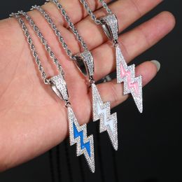 Wit Roze Blauw Lichtgevend Emaille Fluorescentie Bliksem Charme Hanger Ketting met Touwketting Hip Hop Dames Heren Volledig verhard 5A Kubieke Zirkonia Dagelijks Geschenk Sieraden