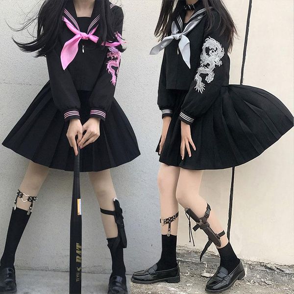 Conjuntos de ropa Blanco Rosa Dragón Japonés Marinero JK Uniforme Traje negro SCARFE Falda plisada Trajes Japón Corea Chicas BÁSICAS Escuela Tops