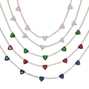 Collier chaîne de Tennis en forme de cœur pour femmes, blanc, rose, rubis, vert, bleu, Cz, pierre arc-en-ciel pavée, petites chaînes de 2mm, cadeau pour dames