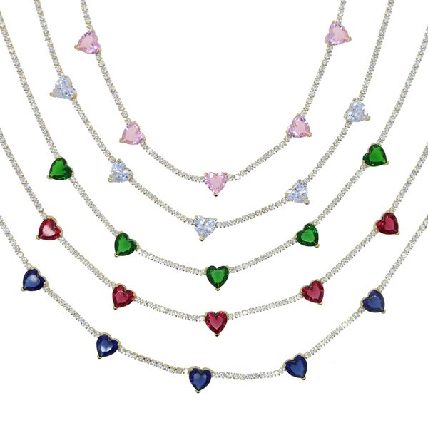 Collier chaîne de Tennis en forme de cœur pour femmes, blanc, rose, rubis, vert, bleu, Cz, pierre arc-en-ciel pavée, petites chaînes de 2mm, cadeau pour dames