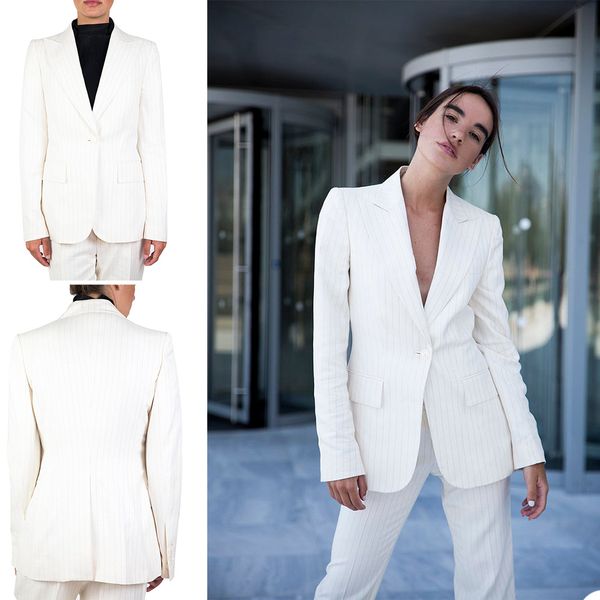 Blanc Pinstripe Blazer Costumes Femmes 2 Pièces Slim Fit Un Bouton Soirée De Bal Tenue Tuxedos (Veste + Pantalon)