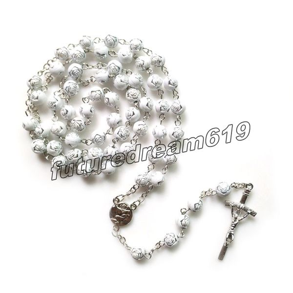 Collier chapelet Rose en plastique blanc, longues perles, pendentif croix, bijoux religieux