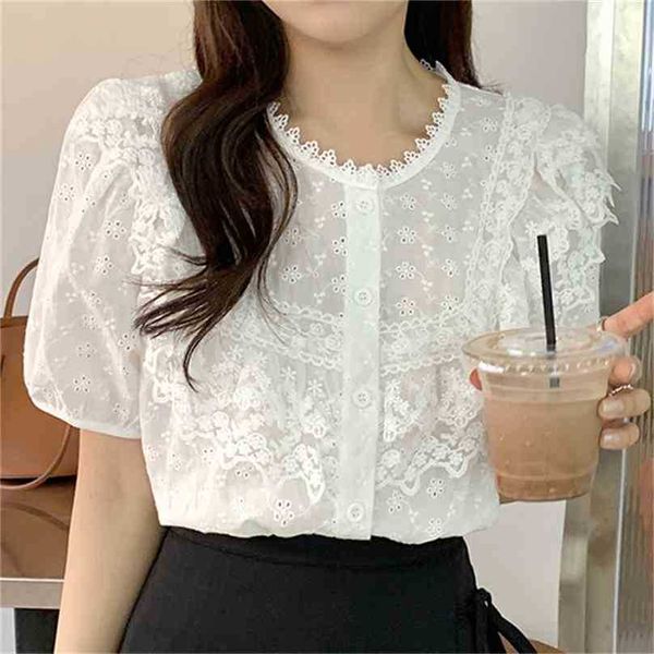 Blanc Plus Taille S-XL Patchwork Dentelle Lady Summer Femme Casual Streetwear Chic Chemises Manches courtes OL Blouses 210525