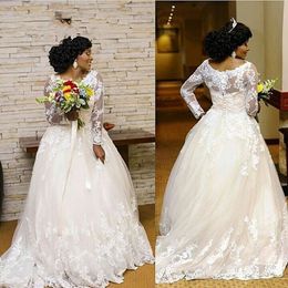 Wit Plus Size Trouwjurk Kant Applique Beaded Lange Mouwen Dubai Afrikaanse Tulle Bridal Jurken 2020 Nieuwe Robe de Mariee