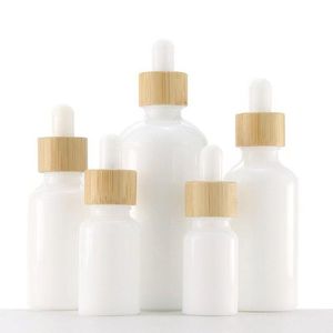 Weiße Porzellanglasflaschen für ätherische Öle, Hautpflegeserum-Tropfflasche mit Bambuspipette, 10 ml, 15 ml, 20 ml, 30 ml, 50 ml, 100 ml