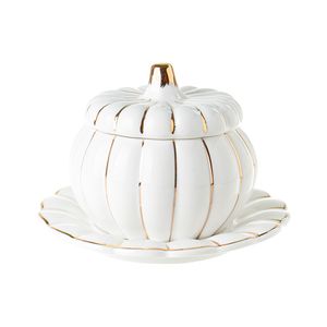 Witte porseleinen pompoensoepkom met deksel goud geschilderde stoofpot serveren tureen voor herfst oogst herfstfeestje Thanksgiving diner