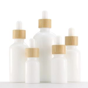 Wit Porselein Glazen Etherische Olie Flessen Huidverzorging Serum Druppelflesje Met Bamboe Pipet 10 Ml 15 Ml 20 Ml 30 Ml 50 Ml 100 Ml