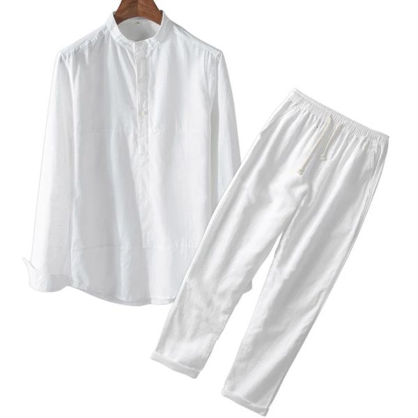 Chemise et pantalon en lin et coton blanc de qualité supérieure pour hommes, ensembles 2 pièces, chemises à manches courtes, Yoga, plage, costumes de mariage, 231228
