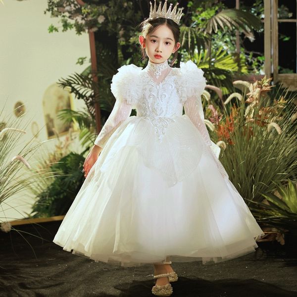 Vestidos de niña de las flores de princesa blanca de blanco cumpleaños alta altas hechas a mano de cuentas flores brillantes chicas pequeñas vestidos de vestidos de novia de la comunión piso de tul