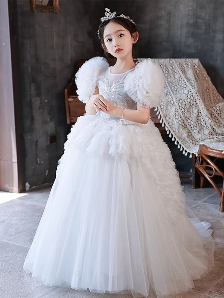 Blanc Puffy Princess Girls Robes 3d fleur V cou de cou long tutu tutu enfants adolescents concours robes de fête d'anniversaire pour le mariage