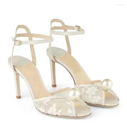 Qualité blanc perle dentelle hautes femmes élégants sandales féminines talons minces peep fêtard robes chaussures d'été stiletto chaussures dame 589
