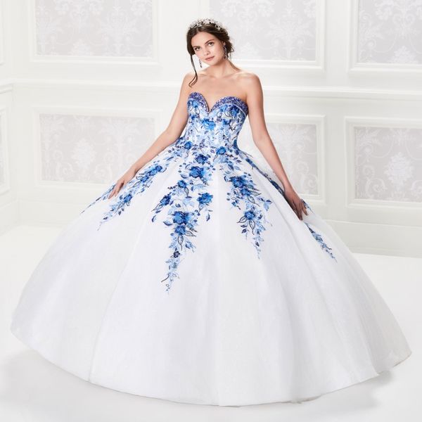 Vestidos de quinceanera blancos con vestido de pelota de encaje azul real Vestido de festa personalizar dulces 16 vestidos 306p