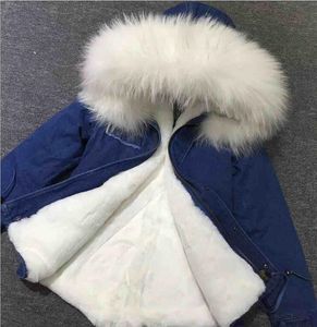Mini parka en denim bleu doublé de fourrure de lapin blanc, marque Mukla, manteau de neige pour femmes, garniture en fourrure de raton laveur