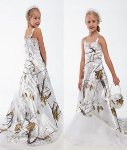 Witte echte boom Camo Lace Flower Girl -jurken aangepaste peuter Kinderen formele bruiloftslijtage camouflage satijnen verjaardagsfeestjes jurken2155383