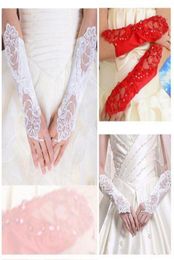 Wit Red Bruid Globe ellebooglengte Kralen Lant Appliques Wedding Gloves Lace No Finger Sell7373106