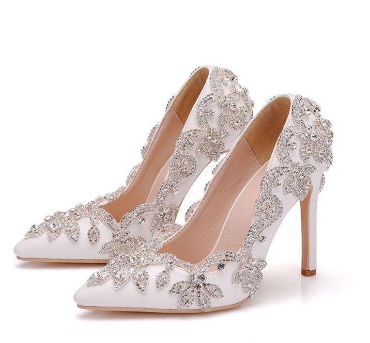 White Rhinestone Flower Wedding Shoes 11cm High Heel Pointed Toe Lady Party Prom Shoes Thin Heel Birthday Party Pumps Size 413249033