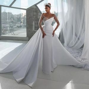 Witte steentjes trouwjurken met afneembare trein bruidsjurken lange mouwen lovertjes illusie batau nek satin vestido de novia