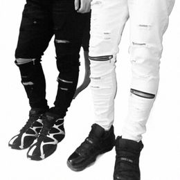 Jeans déchirés blancs Hommes Trous Super Skinny Célèbre Marque de Designer Slim Fit Jeans Détruits Pantalon Crayon Solide Slim Zipper Jeans T3N1 #