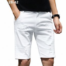 Blanc Ripped Rayé Hommes Denim Shorts Casual Jeans d'été Populaire Élastique Plus Taille 36 38 40 42 Noir Garçons Trous Demi-Pantalon 06iB #