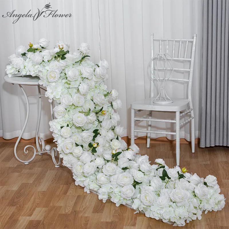 Beyaz gül ortanca büyük çiçek topu yapay yeşil bitkiler çiçek sırası koşucusu düğün zemin dekor çiçek duvar partisi sahne 240416