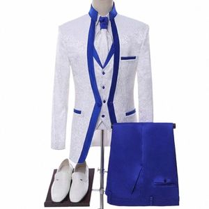 Blanco Royal Blue Men Traje para boda Novio Esmoquin Mantón Collar Chaqueta formal Hombre Blazer Pantalones Chaleco Traje de tres piezas Homme r7Nw #