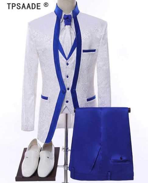 Ropa de escenario con borde azul real blanco para hombre, conjunto de traje para hombre, trajes de boda, traje de novio, esmoquin Formal (chaqueta + Pantalones + chaleco + corbata) X0909