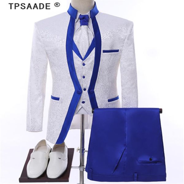 Ropa de escenario con borde azul real blanco para hombre, conjunto de traje para hombre, trajes de boda, traje de novio, esmoquin, chaqueta Formal, pantalones, chaleco tie259A