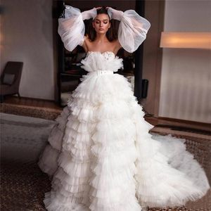 Witte ruches Trouwjurken met afneembare pailletten van lange mouwen Kralen Sash Tiered Bridal Jurk Lange Trein Dubai African Vestido de Noiva