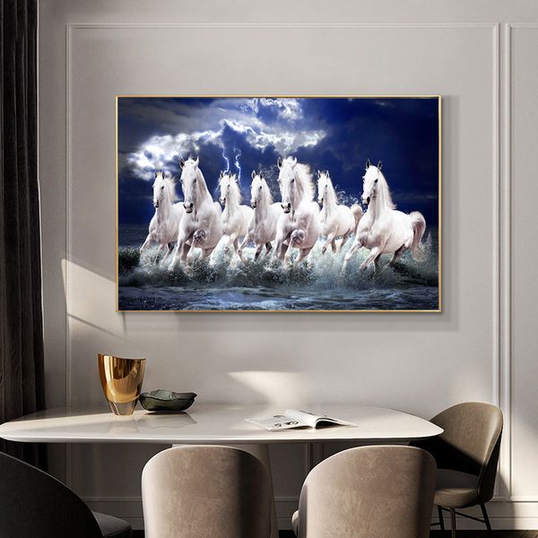 Blanc cheval de course animaux peinture à l'huile HD impression sur toile affiche mur Art photo pour salon canapé Cuadros décor