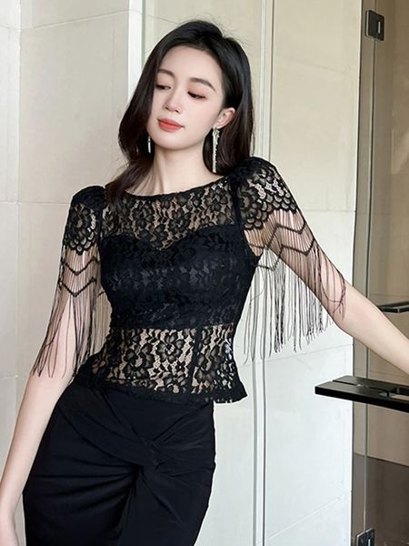 Pulls pour femmes Français Chic T-shirt élégant Noir Perspective Gland Manches Tops Sexy Dentelle Blouse Crochet Floral Tees Party Prom Blouse Lady 2024