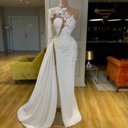 White Satin New Long Sleeve Evening Dresses A Line Formal Dress Prom Party Gown Applique High Neck Thigh-high Slits Custom pplique