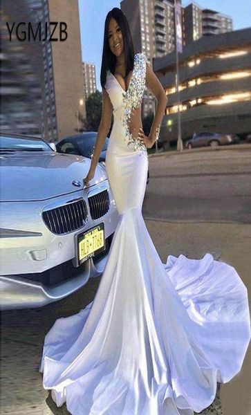 Robe de bal en satin blanc longue sirène pour fille noire 2022 col en V perle de cristal femmes africaines robes de soirée de remise des diplômes formelles 03307497587