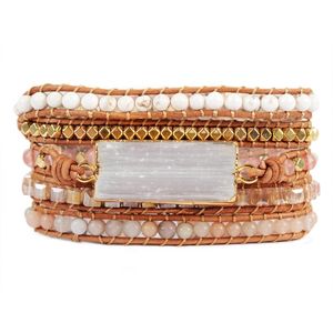 Bracelets d'enveloppement de sélénite blanche faits à la main pour les femmes Bracelet en cuir perlé en pierre naturelle Bracelet en cuir véritable 5 brins Y200730
