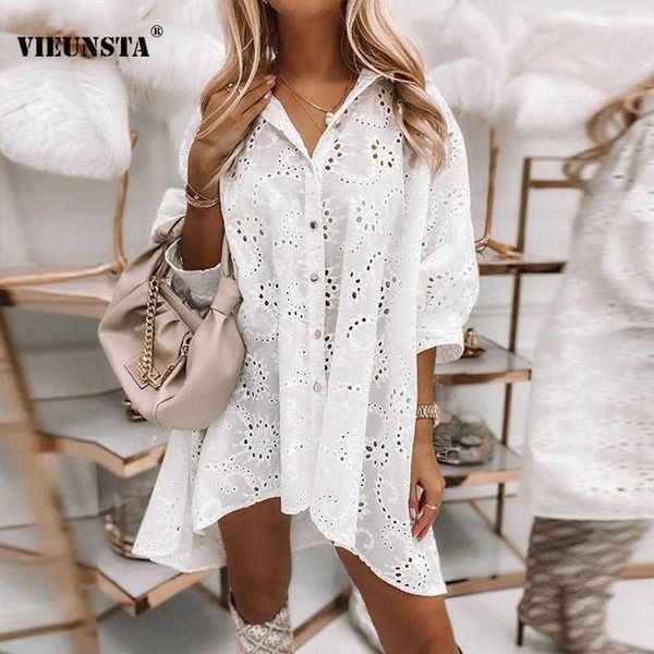 Blanc Sexy évider broderie Mini chemise robe femmes col rabattu bouton printemps robe 2021 automne solide robe de soirée ample Y1006