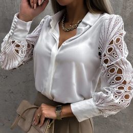 White Sexy Lace Hollow Out Women Blouse Automne 2024 Spring Black Top Button Vintage Shirts Long Manneve Mesh Design Tops 19948