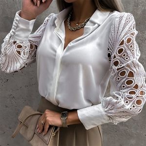 Witte sexy kant uitgehold damesblouse herfst lente zwarte top vintage button-up shirts lange mouw mesh ontwerp tops