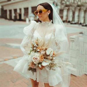 Witte sexy korte rok bruid baljurk trouwjurken FN8292