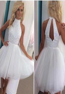 Witte sexy tule Tule korte mini -homecoming jurken 2021 Halter kralen kristallen top hol een lijn korte cocktailjurken op maat gemaakte3179702