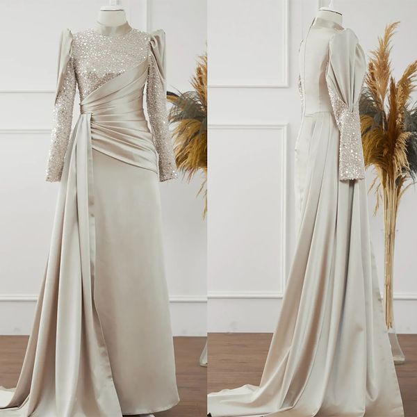 Robes de bal gaine blanche manches longues col haut satin appliques paillettes perles dentelle brillante longueur de plancher robes de soirée de soirée, plus la taille sur mesure sur mesure