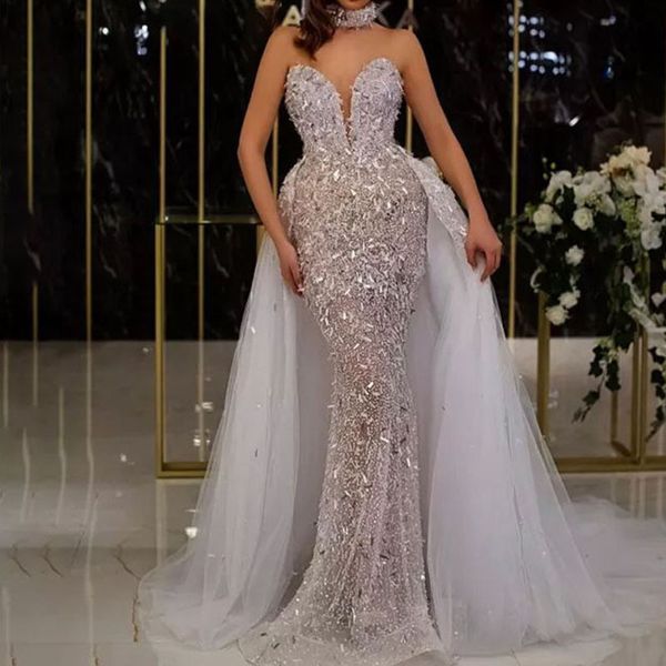 Blanc Brillant Sirène Robes De Bal Sans Manches Halter Col En V Paillettes Appliques Dentelle Train Détachable Étage Longueur Robes De Soirée Plus La Taille Sur Mesure Sur Mesure