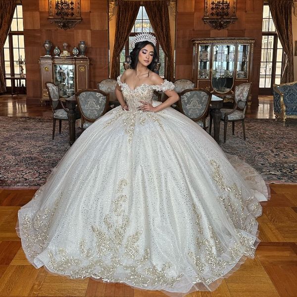 Vestidos de quinceañera blancos brillantes, vestido Formal de lujo para fiesta, Apliques de encaje con cuentas, Tull Sweet 15, vestidos de baile de graduación 2024