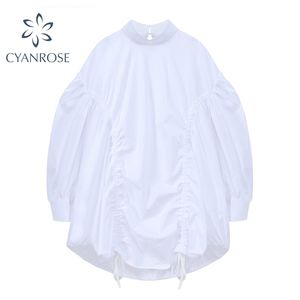 Chemise blanche Robe Femmes Bouffée À Manches Longues Surdimensionné Crop Robes Droped Cordon À Lacets Rétro Doux Coréen Stand Col Frocks 210515